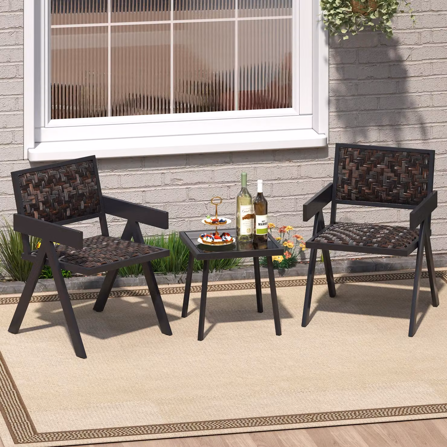 Gymax 3 Piece Brown PE Wicker Bistro Set with Table and Chairs – 8