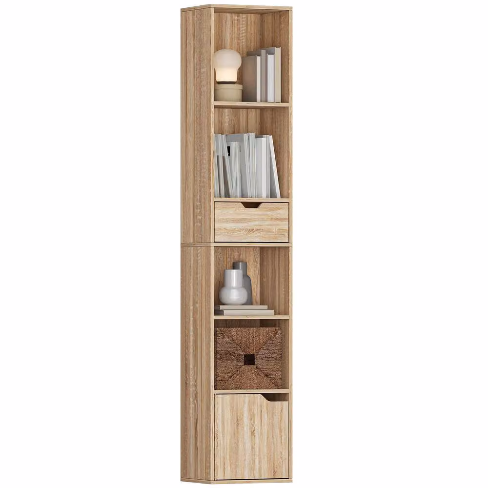HOMCOM Narrow Tall Bookshelf with Drawer in Sand and Brown – 2
