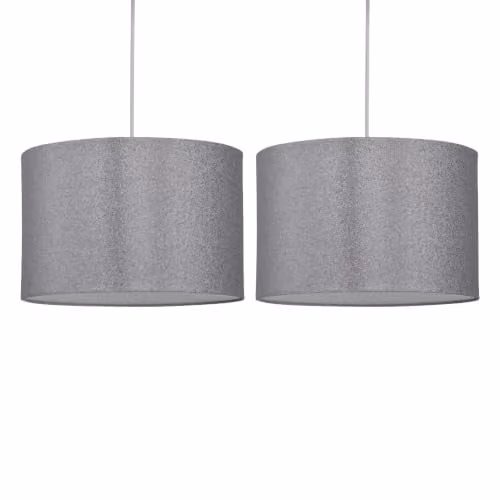 First Choice Lighting Set of 2 Round Fabric Pendant Lightshades in Silver and Grey Glitter, Diameter: 25 cm