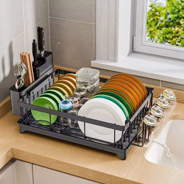SPETLEK Black Coated Steel Kitchen Dish Drainer Rack with Cutlery and Cup Holder