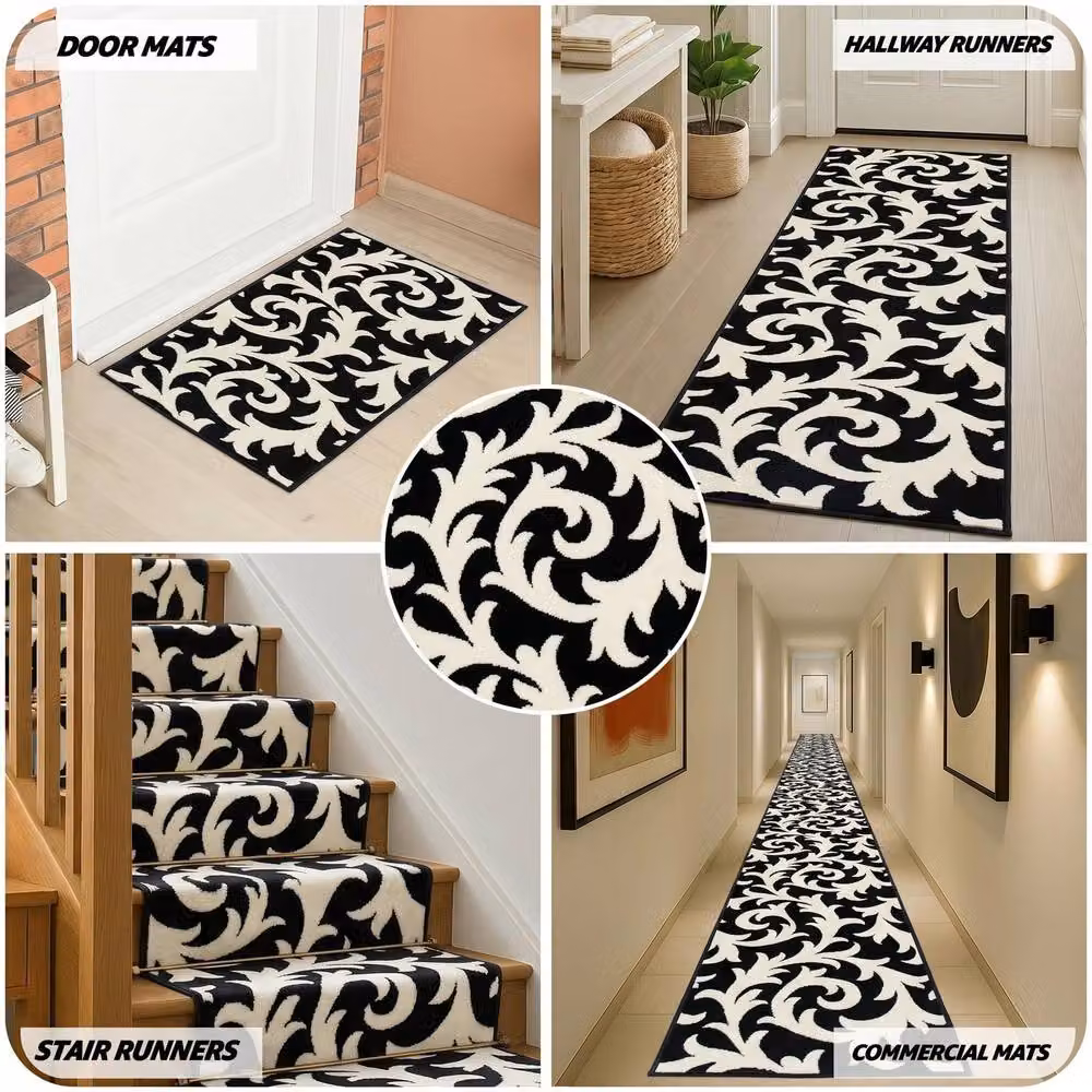 Bravich LTD Filigree Floral Non-Slip Low Pile Hallway Runner Rug in Black, W: 60 cm, L: 720 cm – 7