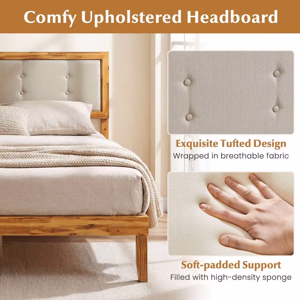 Costway Double Acacia Wood Platform Bed Frame with Tufted Fabric Headboard in Beige, W/D/H: 140 x 200 cm – 3