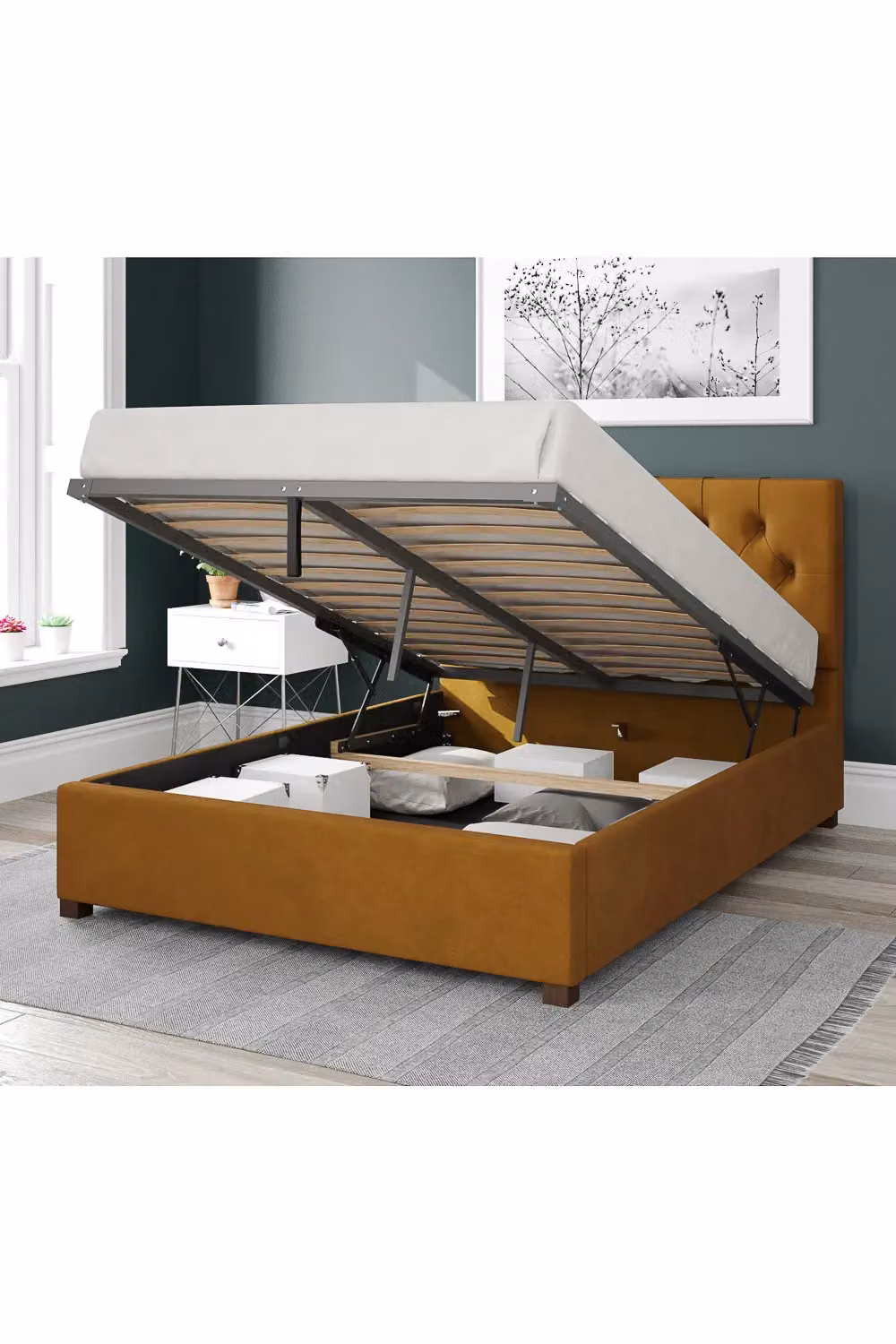Aspire Olivier Upholstered Chesterfield Ottoman Storage Bed in Yellow Velvet Fabric, W/D/H: 140 x 200 cm – 2