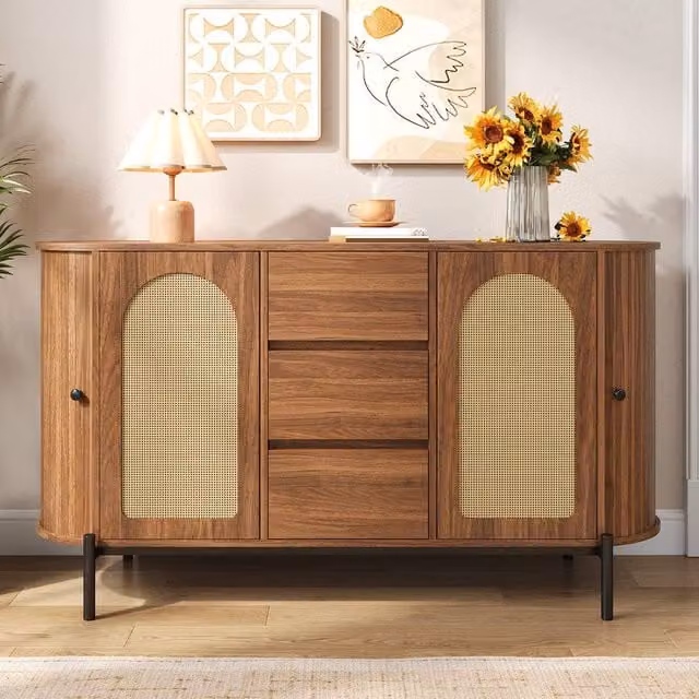 BTM Scandinavian Rattan Sideboard with Sliding Doors and Drawers in Walnut Brown – 1
