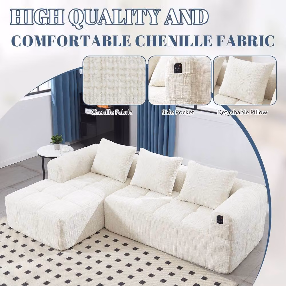 FENCHILIN Modular L-Shaped Sectional Sofa in Beige Chenille Fabric with Reversible Design, Removable Covers and Scatter Cushions – 2
