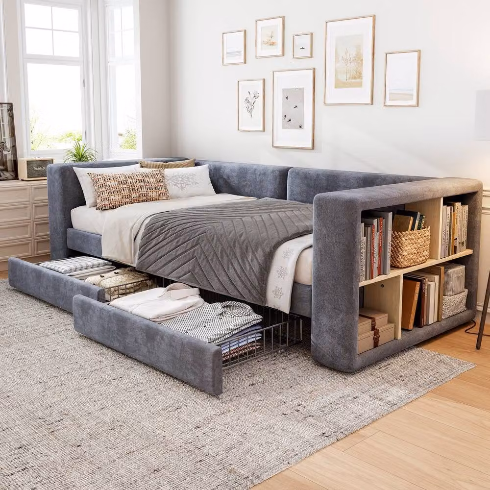 BTM Grey Velvet Upholstered Daybed with 2 Drawers, W/D/H: 190 x 90 x 74.5 cm – 1