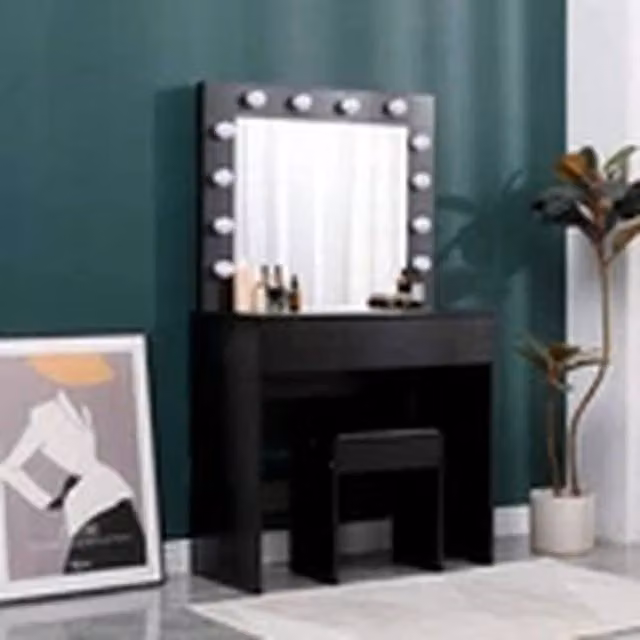 EONLION Modern Dressing Table Set with LED Hollywood Mirror and Stool in Black Matt – 1