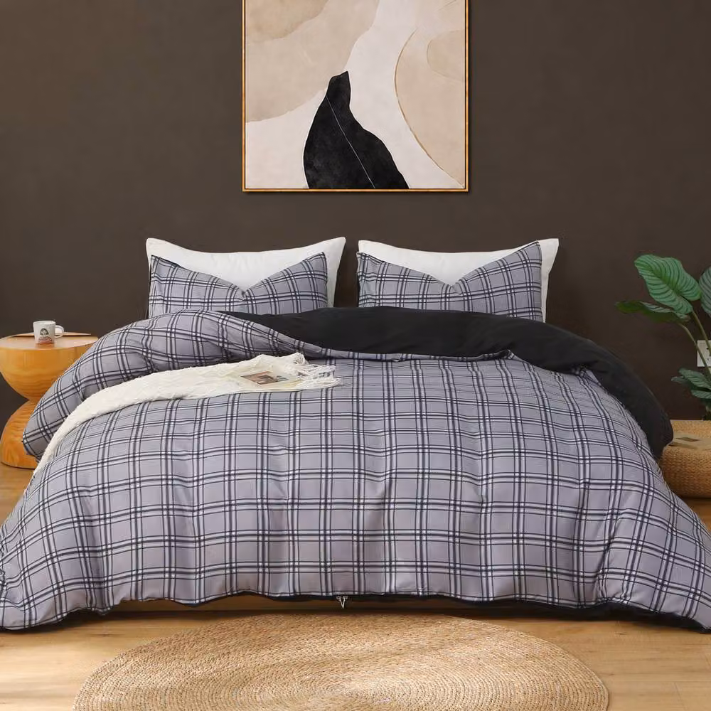 Lazzaro Home Honey Checkered Double Duvet Cover Set in Grey, Brushed Microfibre, 200 x 200 cm – 2