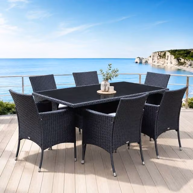 STILVORA 6-Seater Modern Dining Set with Black Metal and Rattan Design