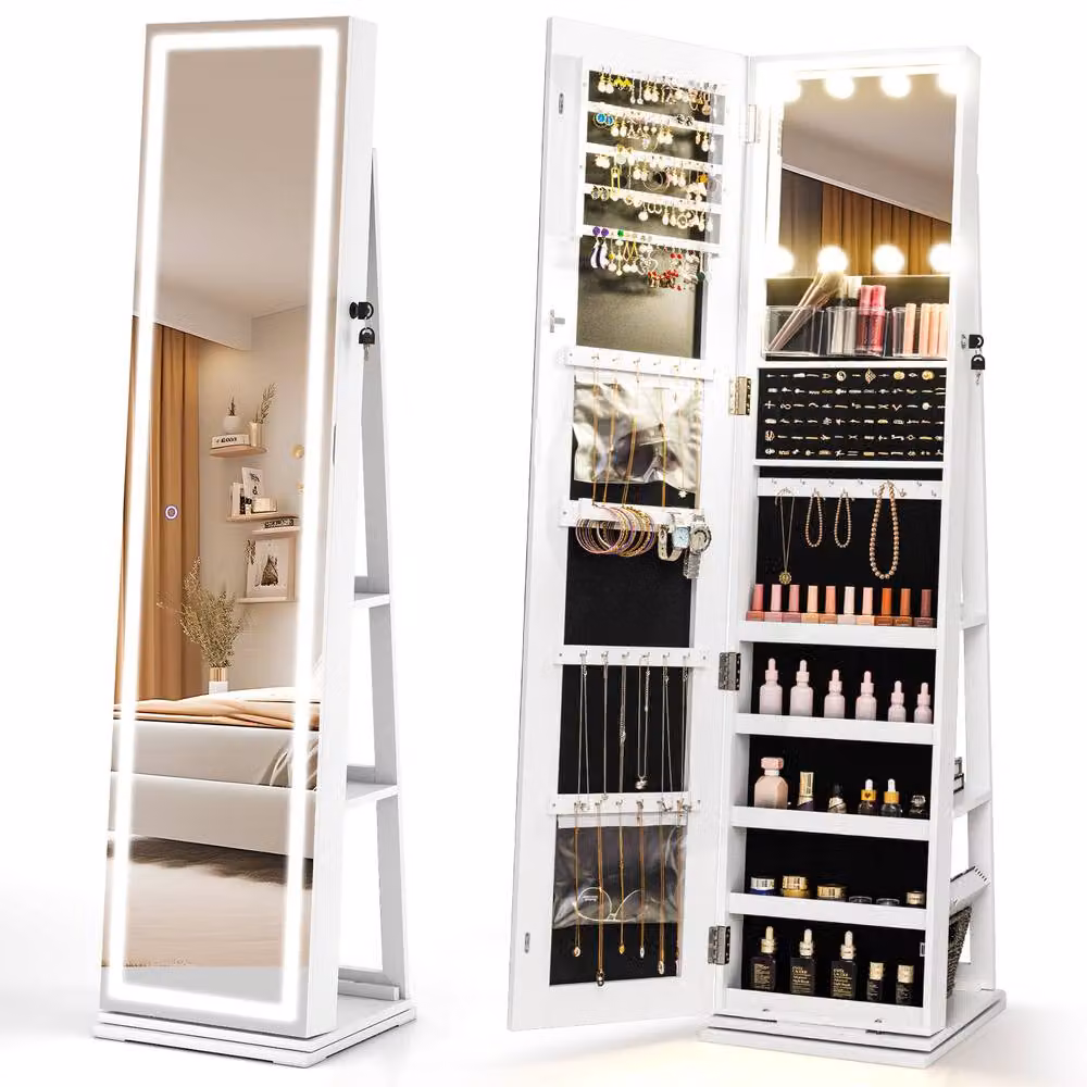 Costway Freestanding 360 Swivel Jewelry Cabinet with LED Lighting and Mirror in White – 3