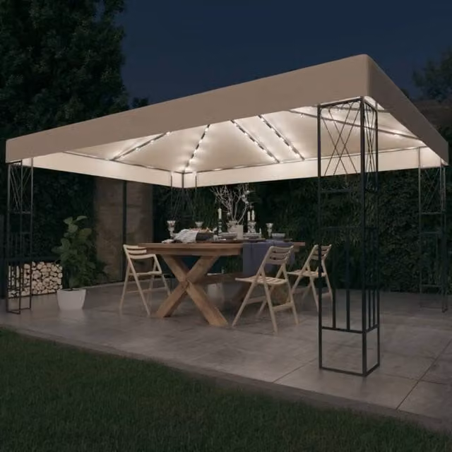 Berkfield Home Gazebo with LED String Lights, Cream Fabric, W: 400 cm, D: 300 cm