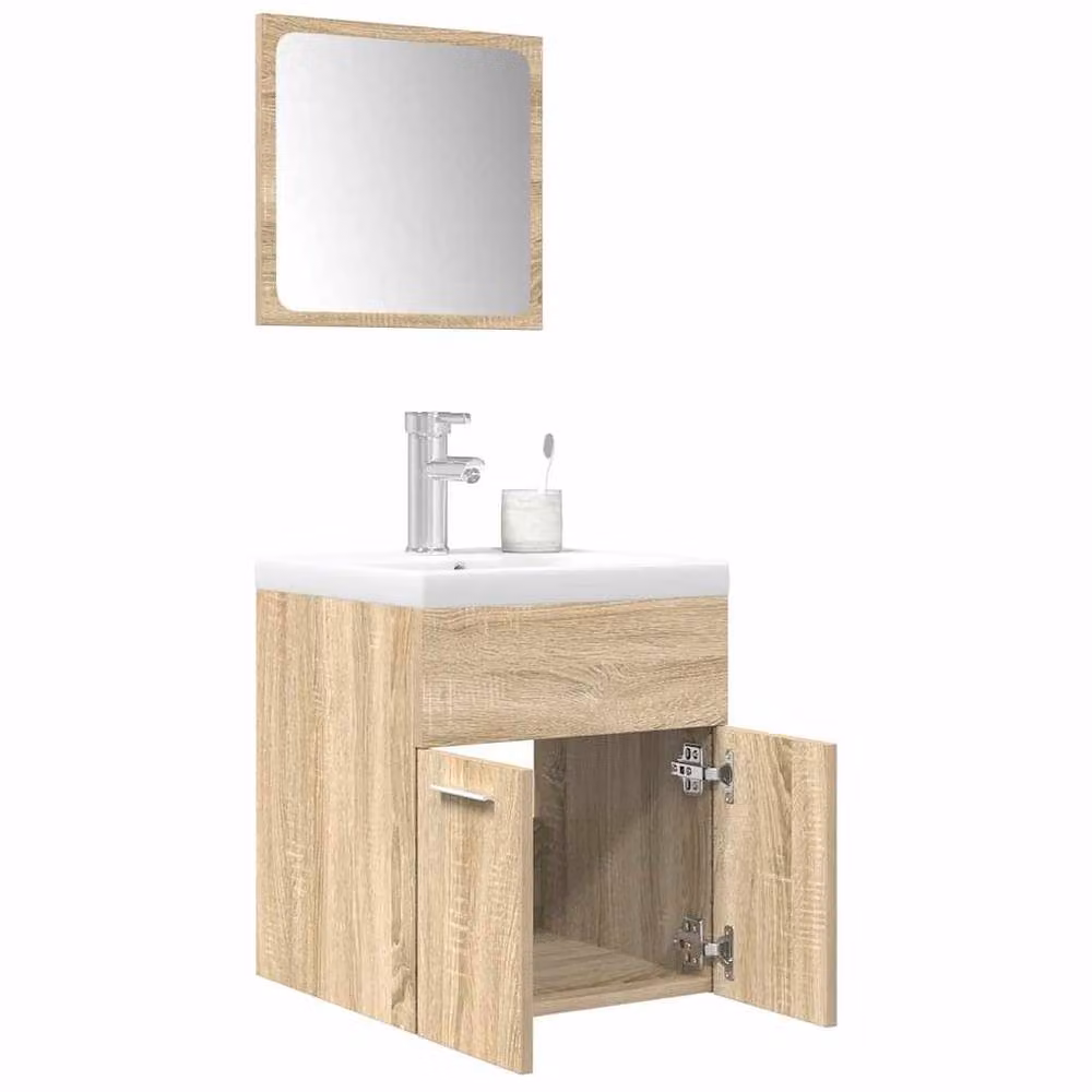 Berkfield Home Practical 3 Piece Modern Bathroom Furniture Set in Light Tan Sonoma Oak Engineered Wood with Vanity Unit and Mirror Cabinet – 2