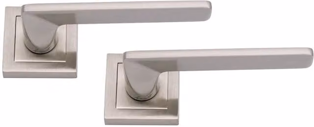 Golden Grace Brushed Stainless Steel Door Handles with Square Rose and Hinges in Silver Grey