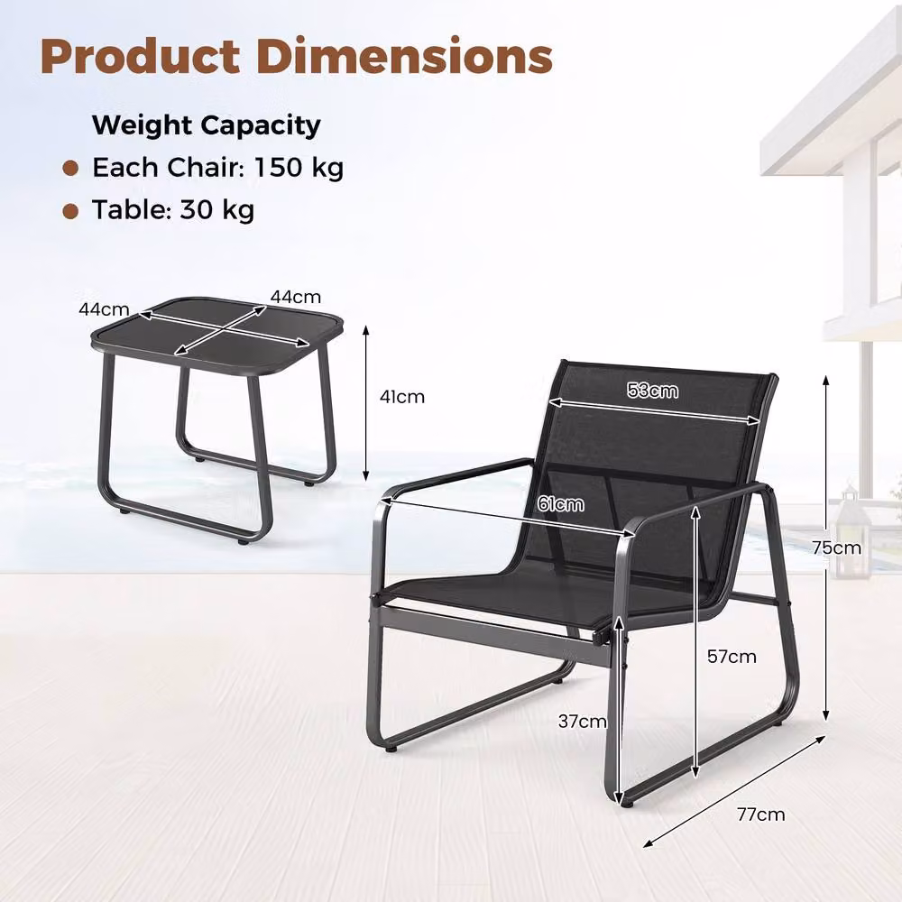 Costway 3 Piece Outdoor Bistro Patio Conversation Set with Tempered Glass Table in Black – 3