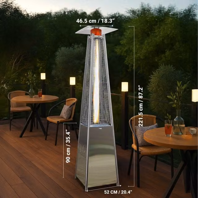 BU-KO 13kW Stainless Steel Pyramid Patio Gas Heater with Wheels and Cover, Black and Silver, W/D/H: 52.0 x 221.5 x 52.0 cm
