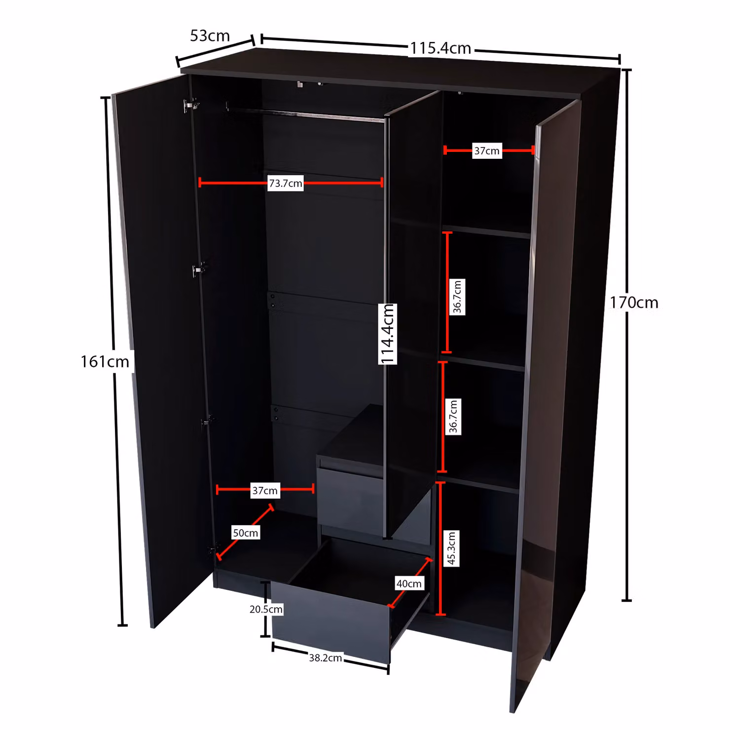 Vida Designs Glinton High Gloss 3 Door 2 Drawer Wardrobe in Black – 2