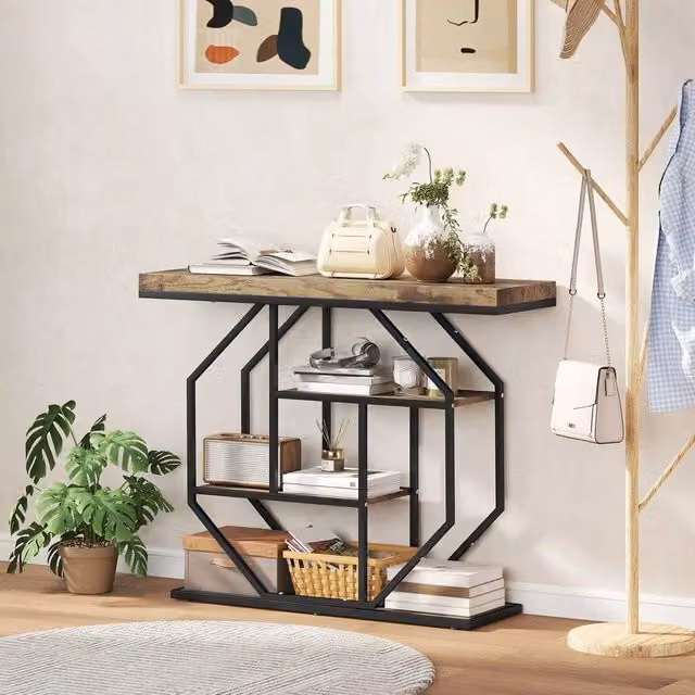 FORGEVIO Industrial 4-Tier Metal Hallway Console Table in Brown and Multicolour
