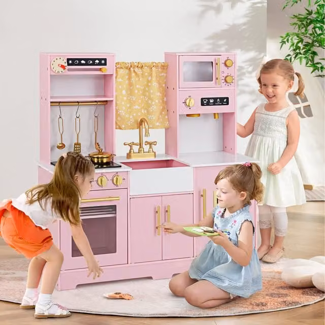 Costway Kids Pretend Play Kitchen Chef Role Playset in Pink