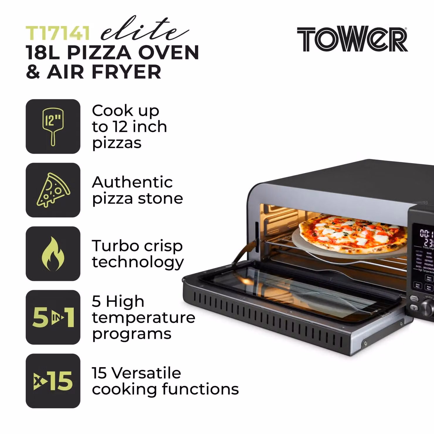 Tower Elite 18L Pizza Oven with Grill, 2000W, Grey and Silver, T17141 – 3