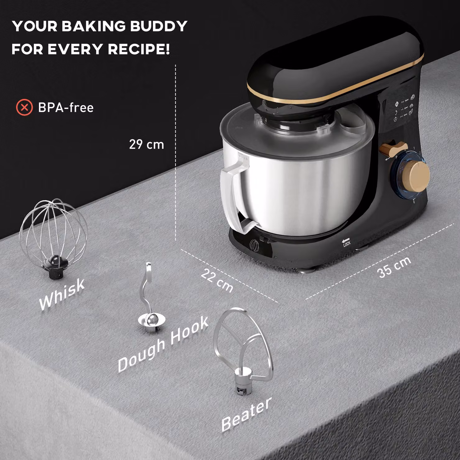 HOMCOM Electric Stand Mixer in Black with 4.5L Capacity and Stainless Steel Attachments – 3