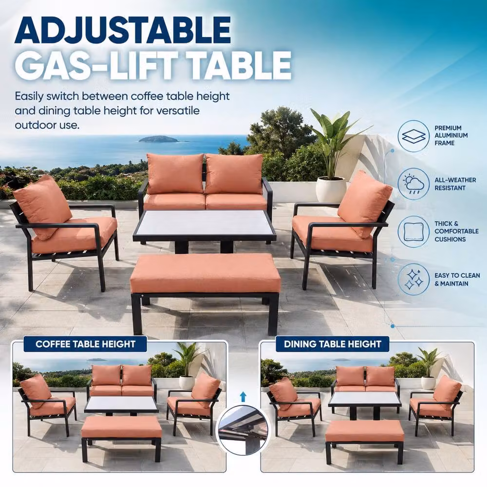 Shatchi 4 Seater Aluminium Garden Sofa Set with Gas Lift Table and Terracotta Cushions – 4