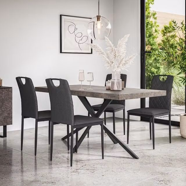 More4Homes Donni Dining Table and Monza Linen Dining Chair Set, Concrete Effect Table Top with Black Legs and 4 Charcoal Chairs