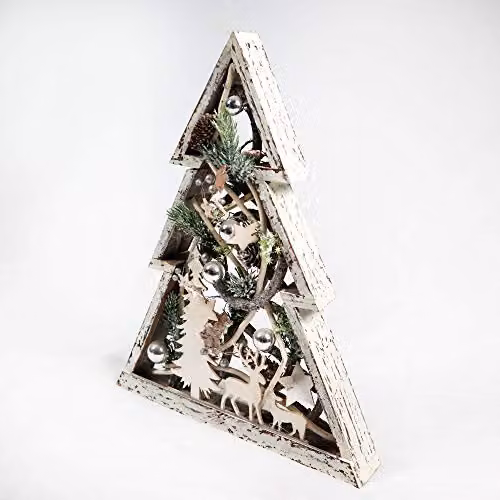 SHATCHI Rustic Wooden Christmas Tree Frame Tabletop Centrepiece with Warm White LED Lights, Pinecones and Baubles in Brown, Silver and White, Height: 43 cm – 2