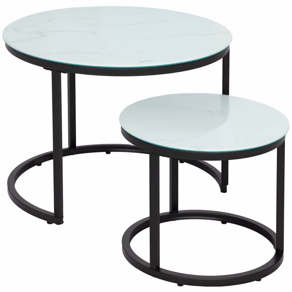 Wyld Haus Sosuri Set of 2 Round Nesting Tables with White Glass Tops and Metal Frames – 2