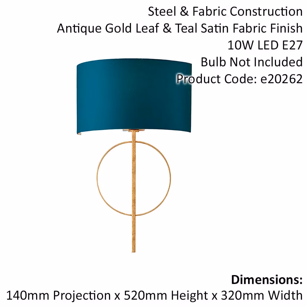 Loops Antique Gold Leaf Wall Light with Teal Satin Half Shade and Dimmable LED Filament Lamp – 2