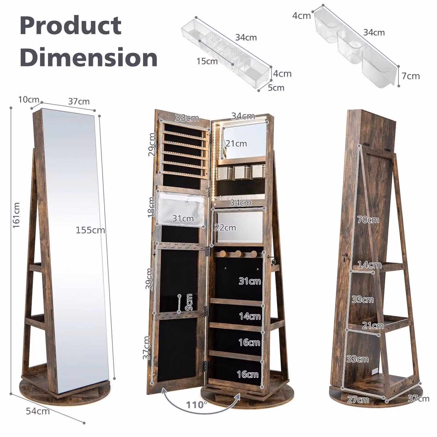 Costway Rotating Freestanding Jewelry Armoire with Full Length Mirror and LED Lighting in Brown – 2