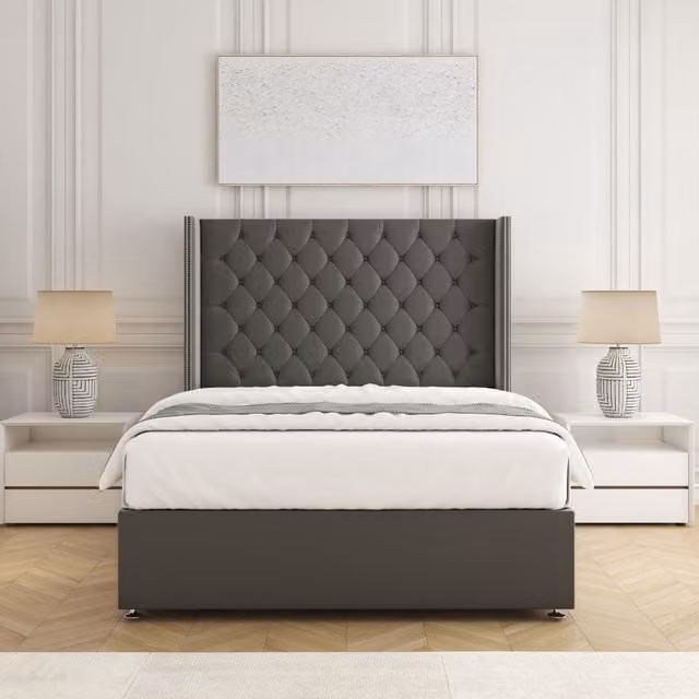 BSSPOKE Olivia Plush Velvet Divan Bed Set with 54 inch Headboard and Mattress in Grey, King Size, W/D/H: 180 x 137.16 x 3 cm