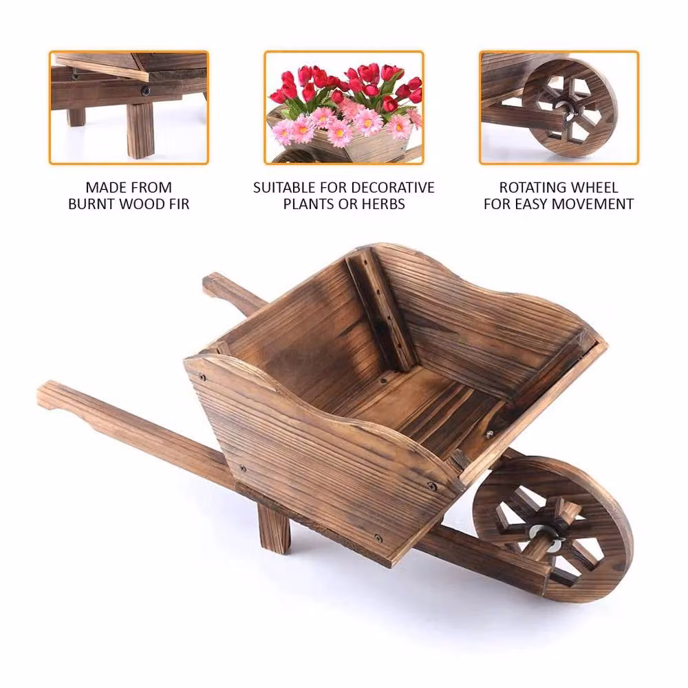 FLAVORA Brown Wood Wheelbarrow Planter Box, W/D/H: 32.0 x 27.7 x 27.7 cm – 3