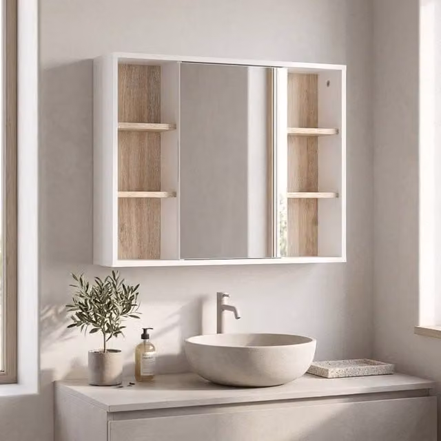 STILVORA White Wall Mounted Bathroom Mirror Cabinet with Internal Adjustable Shelves and Open Shelf Storage
