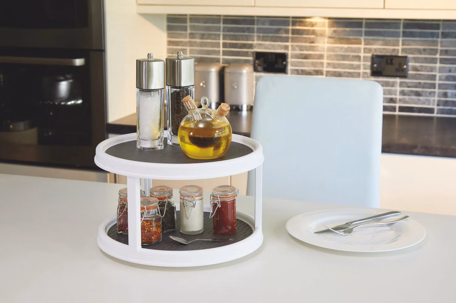 Copco Basics 2-Tier Plastic Lazy Susan Kitchen Organiser, White/Grey, Diameter: 30 cm – 5