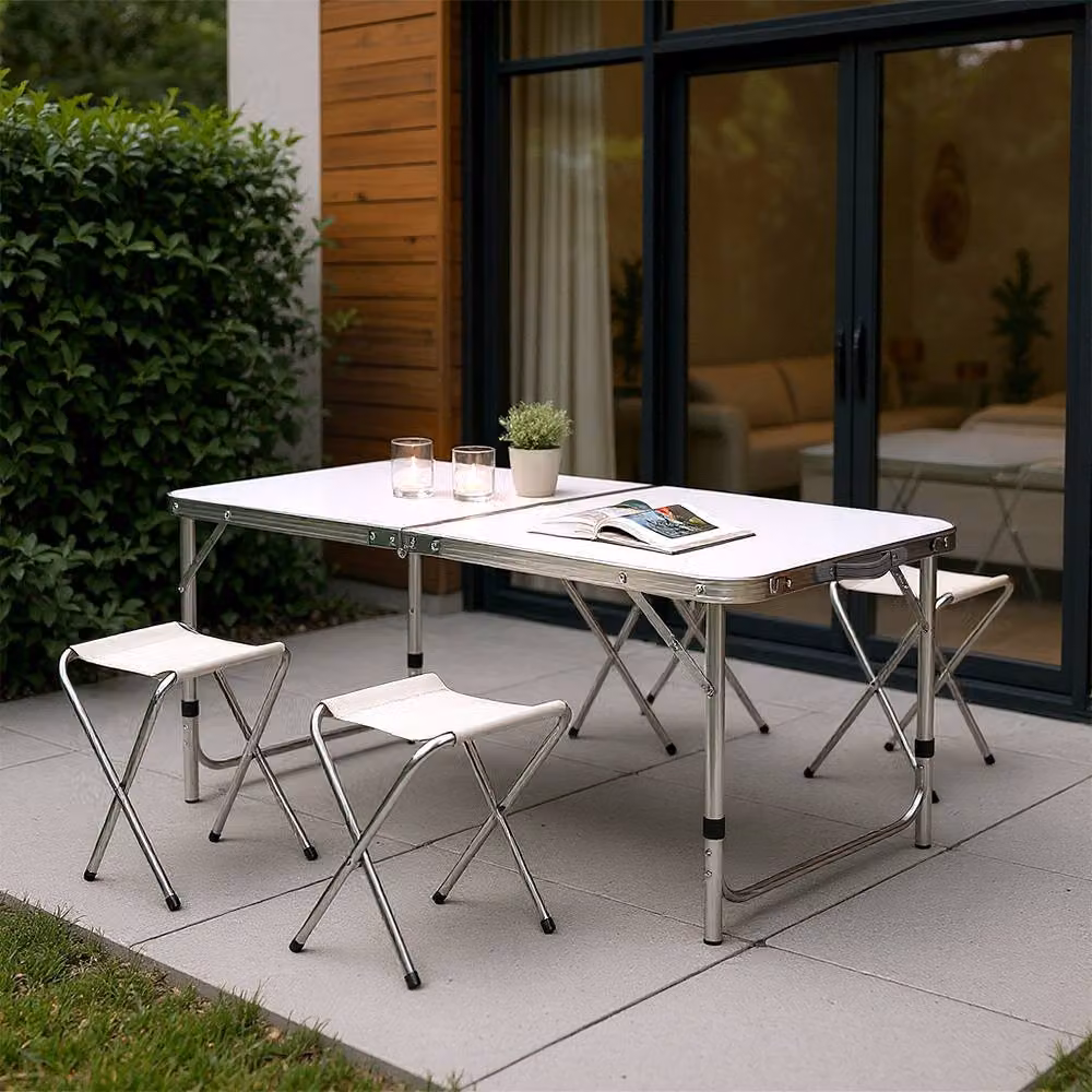 Living and Home Portable Folding Picnic Table and 4 Stools Set in White Powder Coated Aluminium – 4