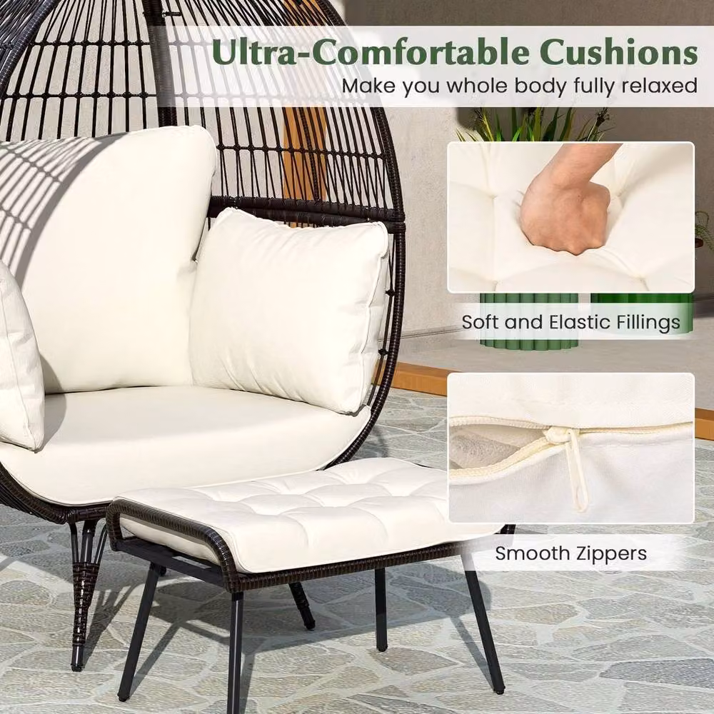 KORVIXA Oversized Egg Chair with Ottoman and Soft Cushions in White and Multicolour, W/D/H: 100 x 100 x 110 cm – 4