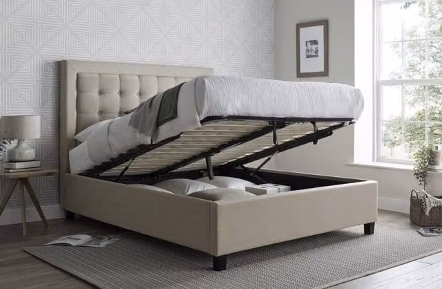 Rest Relax Barcelona Ottoman Bed in Beige Fabric, Double W/D/H: 140 x 200 x 141.5 cm