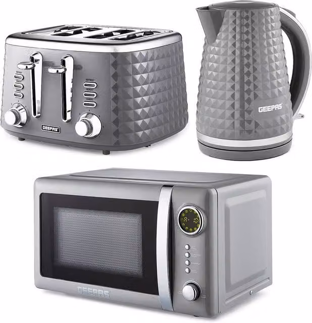 Geepas Argyle Grey Kitchen Set including 1.7L Kettle, 4 Slice Toaster and Microwave – 1