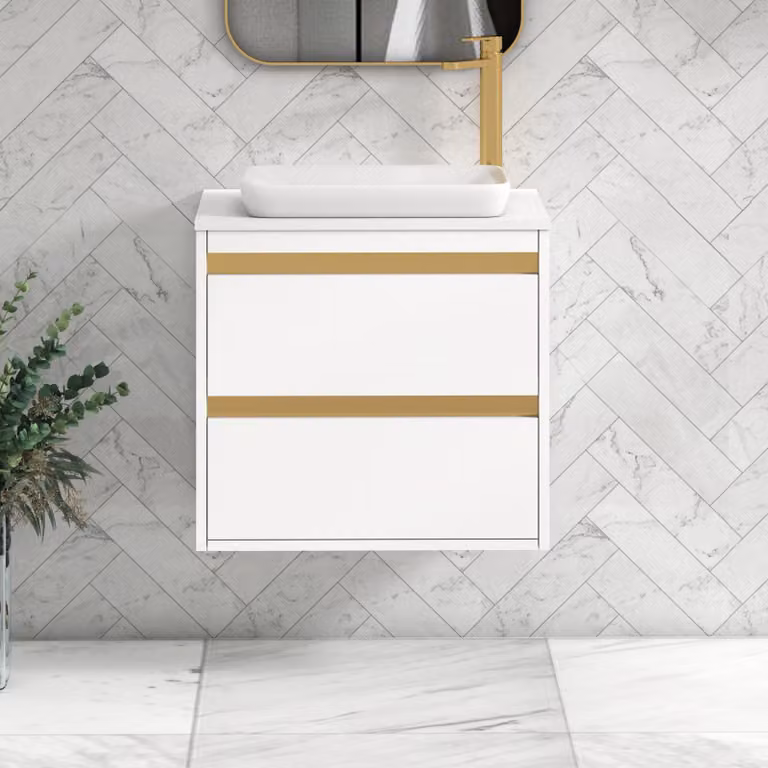 Royal Bathrooms Orion 600mm Matt White Wall Hung 2 Drawer Vanity Unit with Qubix Basin and Brushed Brass Accent Trim