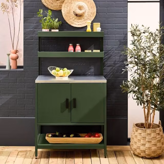 sweeek Steel Outdoor Kitchen in Green with 2 Hanging Shelves and 2 Doors, W: 80 cm