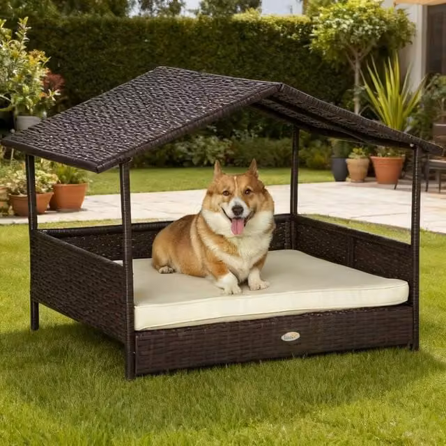 ERGOVEXA Black Rattan Wicker Dog House with Removable Cushion, Canopy and Weatherproof Design