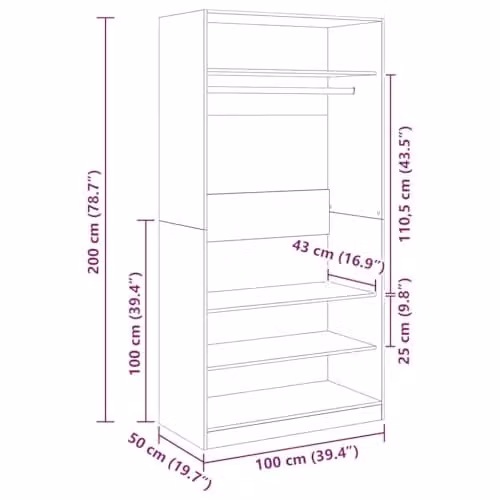vidaXL Modern Wardrobe in Brown Oak with Hinged Doors and Hanging Rod, W/D/H: 100 x 50 x 200 cm – 3