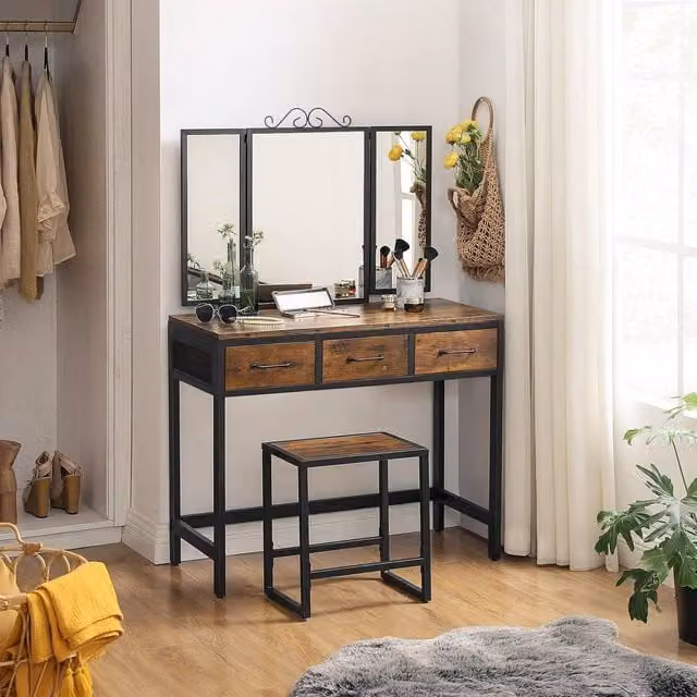 VASAGLE Industrial Vanity Set with Tri-fold Mirror and Storage, Brown – 1