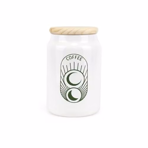 Purely Home Boho Minimalist Ceramic Coffee Storage Canister with Wooden Lid, White Floral, 0.6 l (Diameter: 14.5 cm, Height: 9.5 cm)