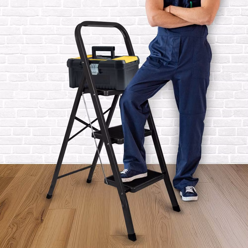 Futura 3 Step Black Heavy-Duty Steel Folding Step Ladder with Rubber Feet – 3