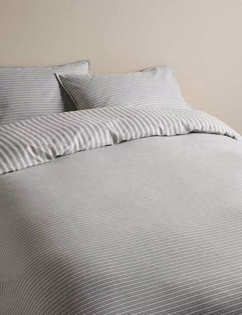 M&S Classic Striped Brushed Cotton Flannelette Bedding Set, Grey, W: 140 cm, L: 200 cm