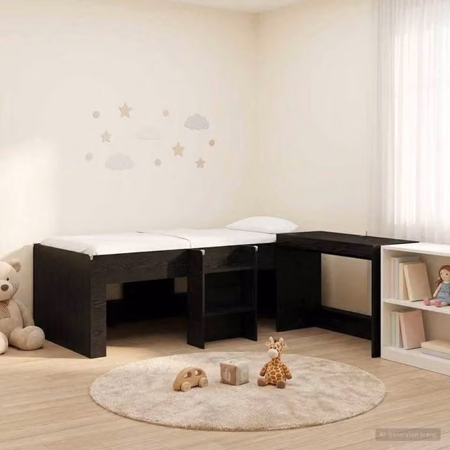 Berkfield Home Kids High Bed Frame with Desk in Black Oak, W/D/H: 90 x 190 cm – 1