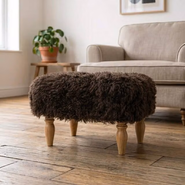 Simply Sheepskin Genuine New Zealand Shearling Lambskin Ottoman Stool in Chocolate Brown, W/D/H: 55 x 45 x 35 cm