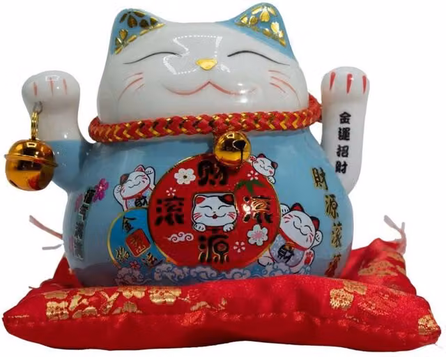 KDMD Blue Ceramic Oriental Fortune Cat Tabletop Ornament