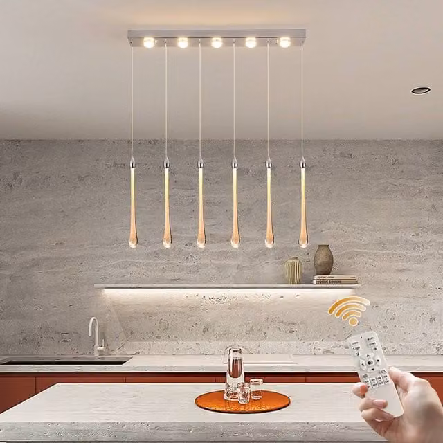 NIVOR Modern Dimmable LED Kitchen Island Pendant Light with 6 Chrome and Transparent Crystal Bubbles in White – 1